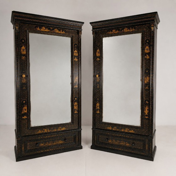 Image 1 of A pair of 19th-century Chinoiserie-style linen cupboards/wardrobes.