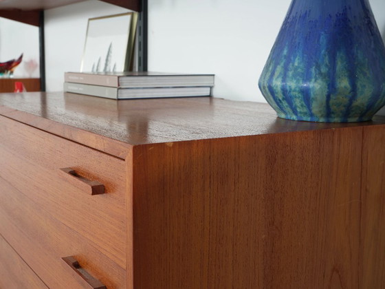 Modular shelving by Kai Kristiansen, teak veneer with black wall rails, Denmark, 1960s – Wall cabinet, Wood (photo 26 of 31)