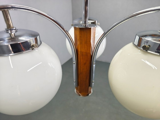 Image 1 of Lampadario Art Déco, cromo, noce e vetro, anni '30