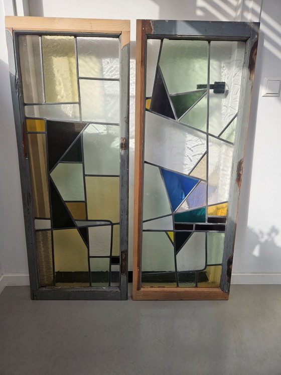 Set of antique Art Deco stained glass windows 50x130 cm., Decorative Objects, Metal, Wood, Multi Color (photo 10 of 14)