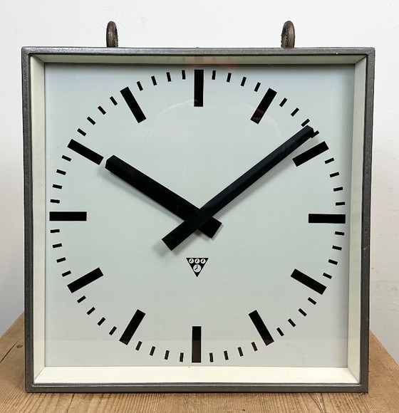 Image 1 of Large Square Industrial Double-Sided Factory Hanging Clock from Pragotron, 1970s