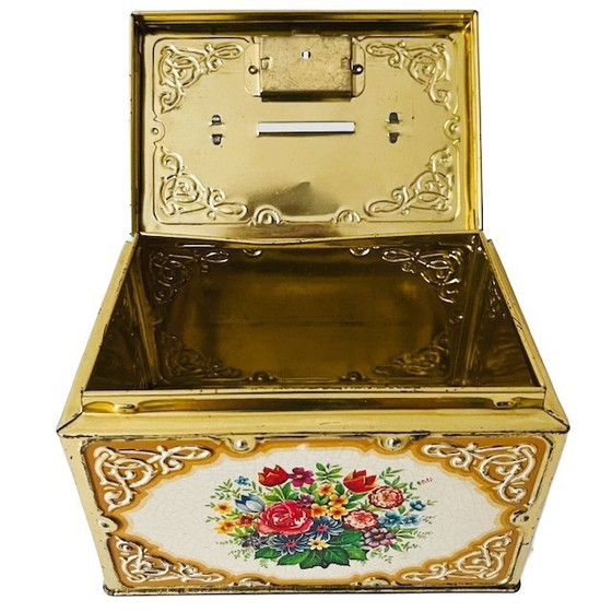 Image 1 of Vintage French flower piggy bank tin 1970s