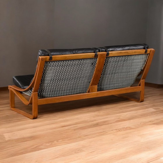 Image 1 of Divano con imbracatura T4 in pelle nera e teak, Fred Lowen per Tessa, anni '70