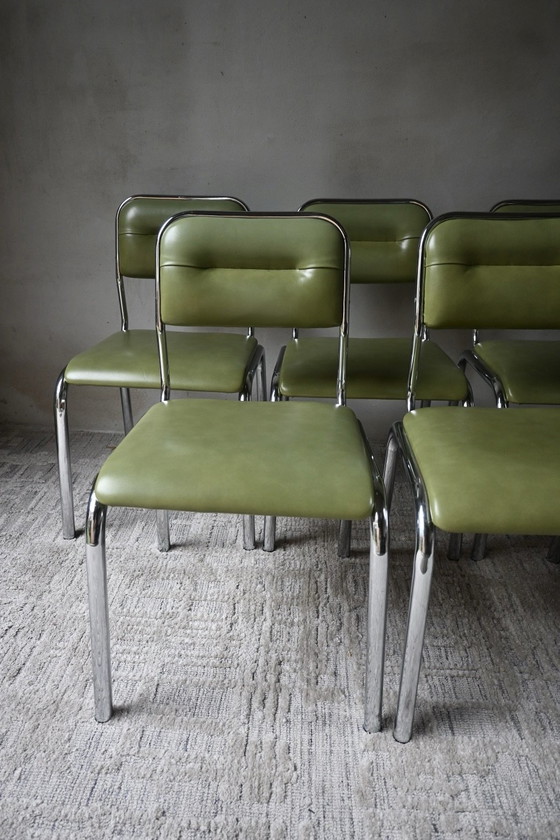 Set of 5 characteristic mid-century dining chairs 50/60, Chrome, Skai, Green (photo 2 of 13)