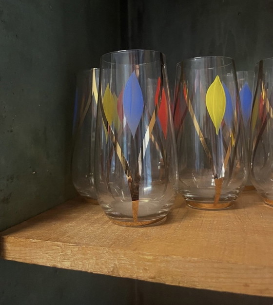 Image 1 of Hand-painted jug and 8 glasses from the 1950s