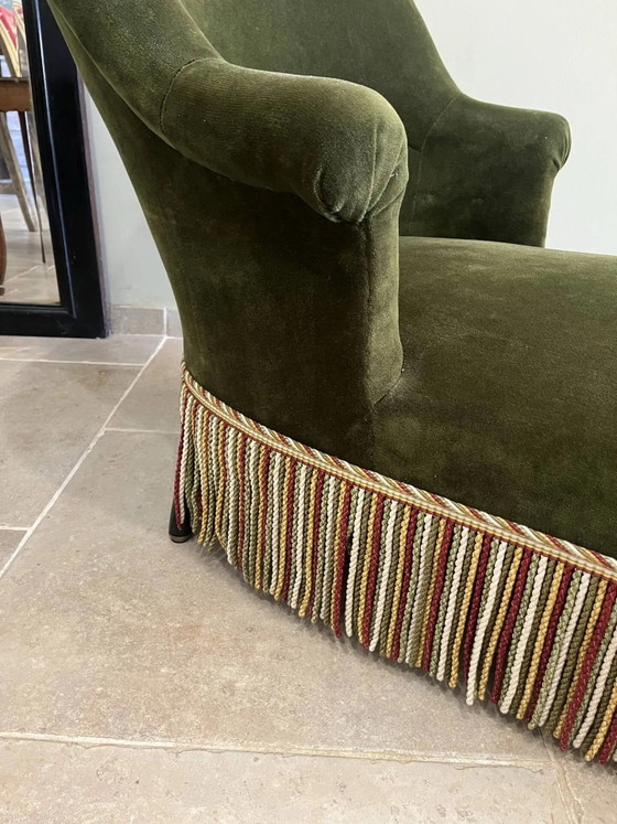 Chaise longue vintage in velluto verde scuro con frange multicolori. – Wood, Velvet, Art Nouveau (photo 5 of 18)