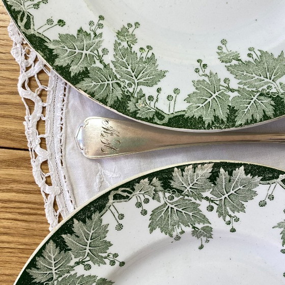 Image 1 of Set of 6 Saint Amand et Hamage ironstone dinner plates, green plane tree pattern