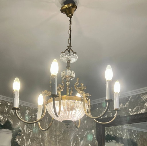 Unique piece! Genuine Art Nouveau chandelier with glass bowl and brass fish. Ca. 1915