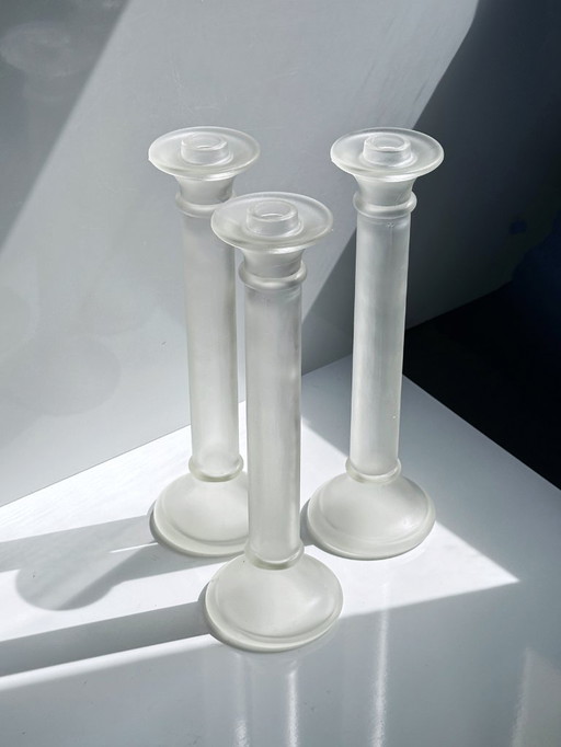3 Vintage Glas Kerzenständer Säulen Postmodern Satiniert Transparent Klassisch 80er Kerzenleuchter Kerzenhalter