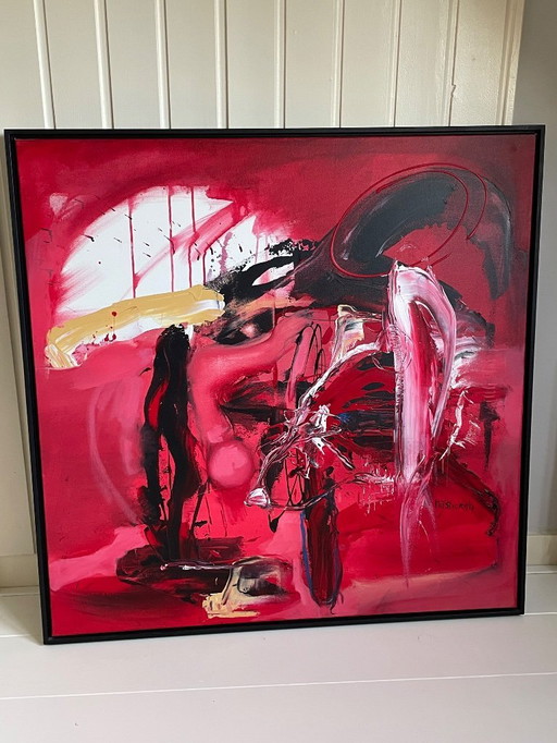 Abstract painting on canvas, in black wooden frame