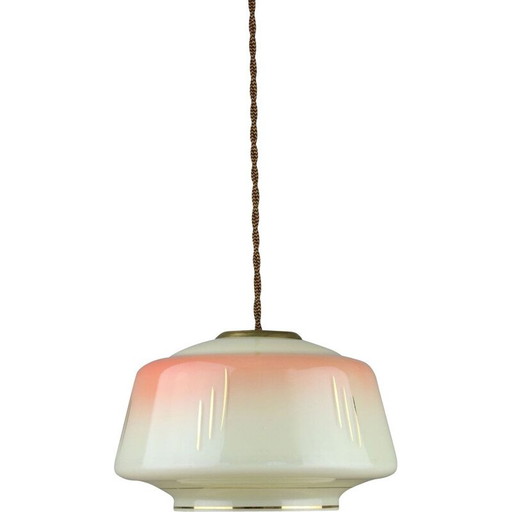 Vintage zalmkleurige hanglamp van glas en messing
