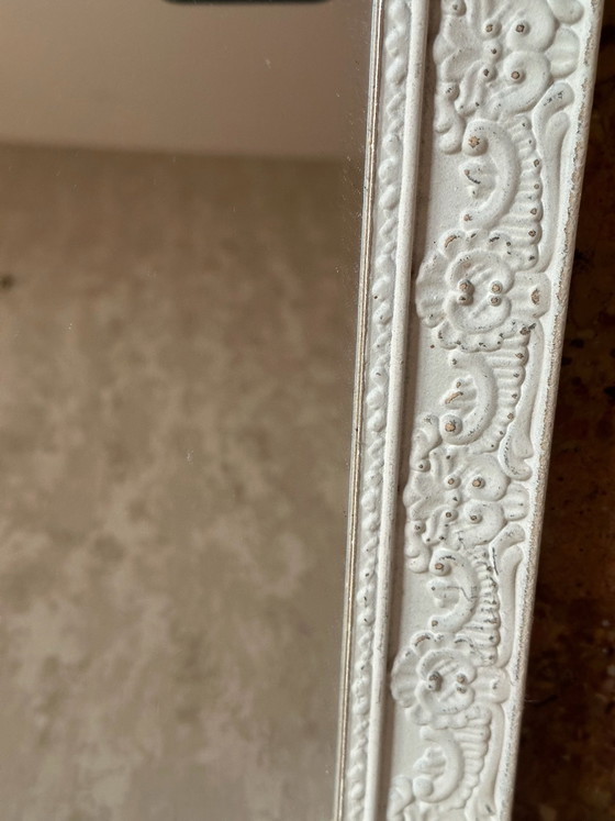 Specchio in legno sagomato bianco con decoro floreale, 37,5 × 26,5 cm, Vetro, Vintage (foto 7 di 13)