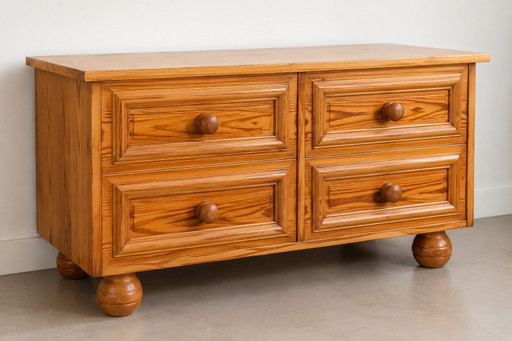 Commode Danoise Vintage en Pin Massif – Années 1970 – Quatre Tiroirs
