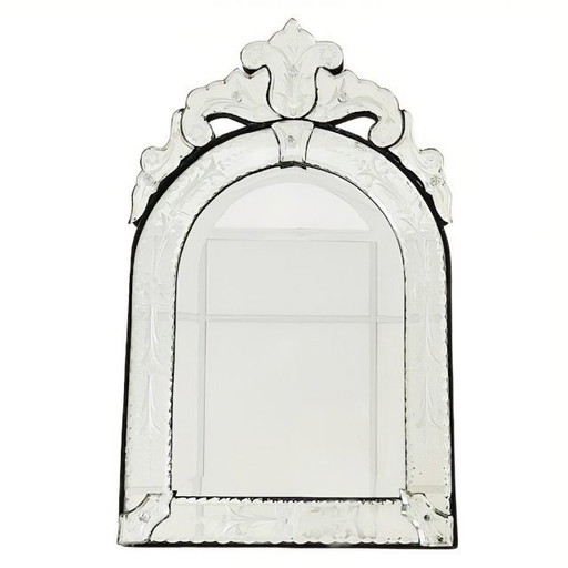 Antico specchietto veneziano in vetro inciso con decorazioni floreali, anni 1900