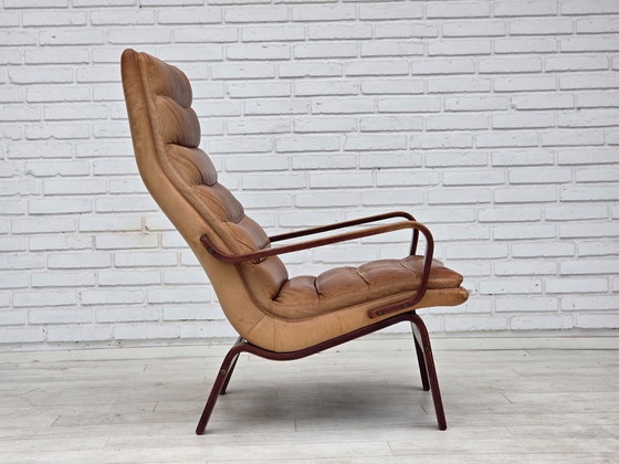Jaren 70, Scandinavische Hoge Rug Fauteuil, Meubelleer, Gebogen Hout – Canvas (photo 12 of 20)