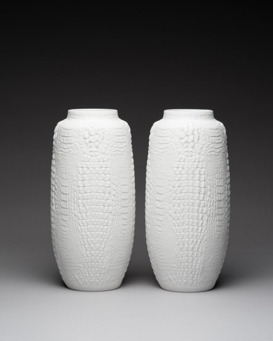 Image 1 of XL Manfred Frey Kaiser Bisque Porcelain Vase Crocodile Reptile Relief Op-Art Duo