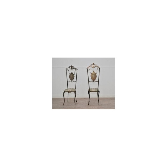 Image 1 of Pair of vintage patinated brass, wrought iron and velvet side chairs, 1970s