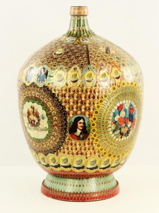 Decorative bottle with cigar band collage, Vases, Paper, Multi Color, Vintage (photo 6 of 10)