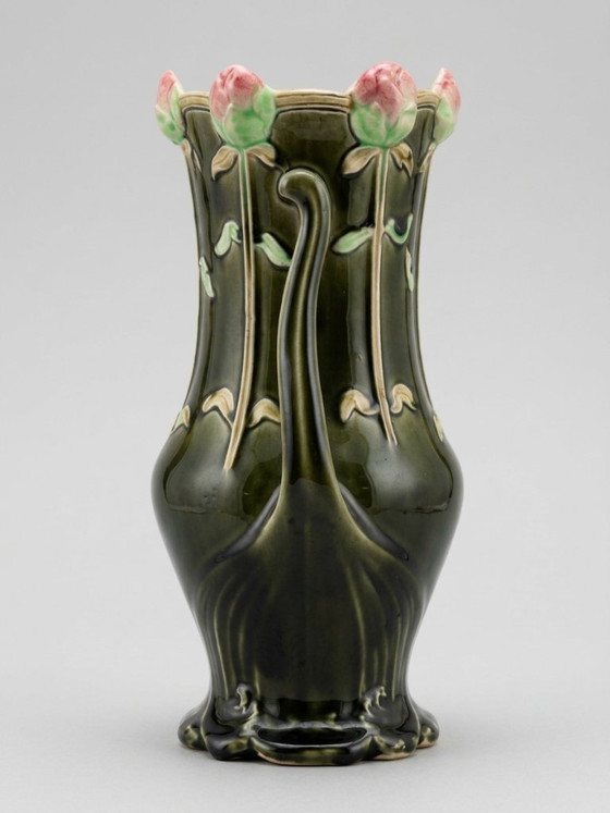 Art Nouveau Vase with Roses – Gustave De Bruyn – 25 cm – Ceramic (photo 3 of 9)