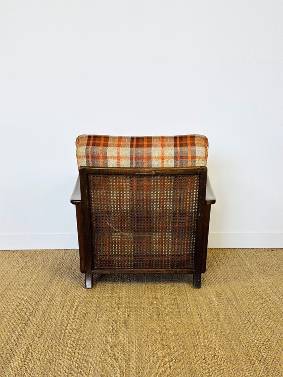 Image 1 of Vintage fauteuil van gebogen hout, rieten frame en geruite stof, 1960