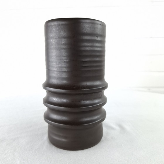 Image 1 of Vintage ribbed vase brown ceramic 1970s wabi sabi