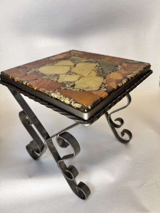 Image 1 of Set of 2 vintage mosaic tables + additional wrought iron base