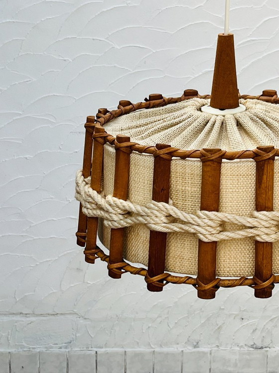 Image 1 of Scandinavian pendant light made of wood and jute canvas