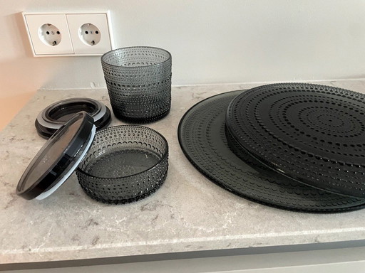 Iittala Kastehelmi 2 bowls and 2 storage jars dark gray