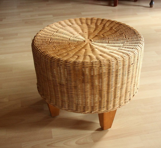 Image 1 of Round side table - rattan, bamboo, wood - vintage