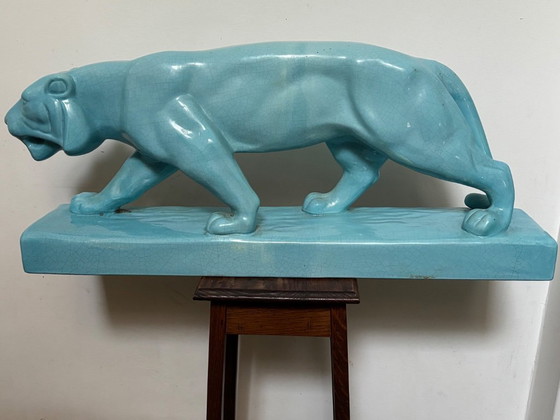Image 1 of Gran puma de cerámica, intacto, turquesa, original Art Déco 1920-1939 L&V Ceram