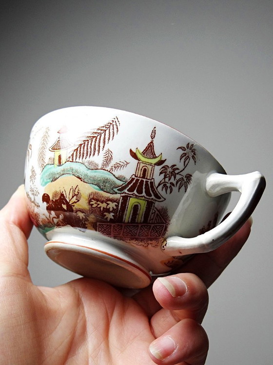 Image 1 of Sarreguemines - Kyoto - antique tea set: 5 cups and 6 Japanese-style saucers