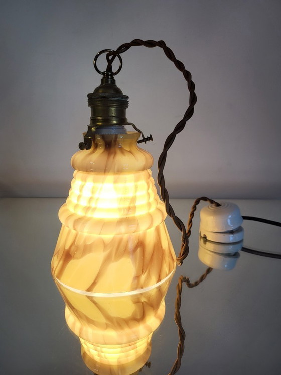 Image 1 of Art deco Opalglaslampe gerippt, Verreries de Scailmont, Henri Heemskerk, Belgien