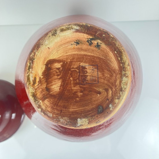 Image 1 of Grande vaso giapponese vintage con coperchio – ceramica smaltata rosso bordeaux – marchio di fabbrica – 49 cm