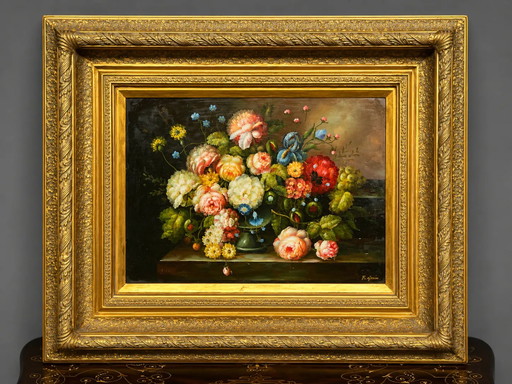 Still life with roses in a beautiful frame on a wooden panel in Flemish style. – schilderijen tekeningen (photo 2 of 7)