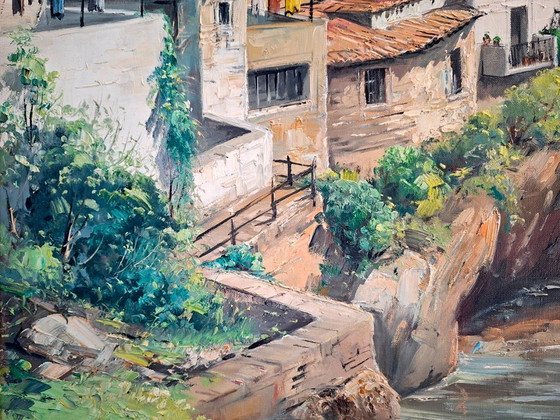 Image 1 of V. Berbegal. Oil on canvas painting + Ibiza postcard, artist reference - ca. 1980. Decoration