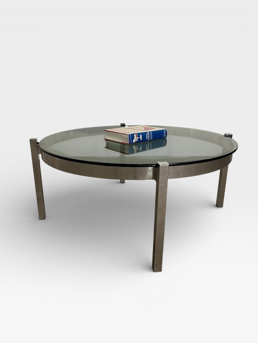 Tavolino da caffè rotondo vintage cromato con piano in vetro fumé