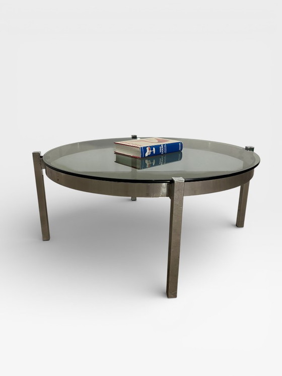Image 1 of Tavolino da caffè rotondo vintage cromato con piano in vetro fumé