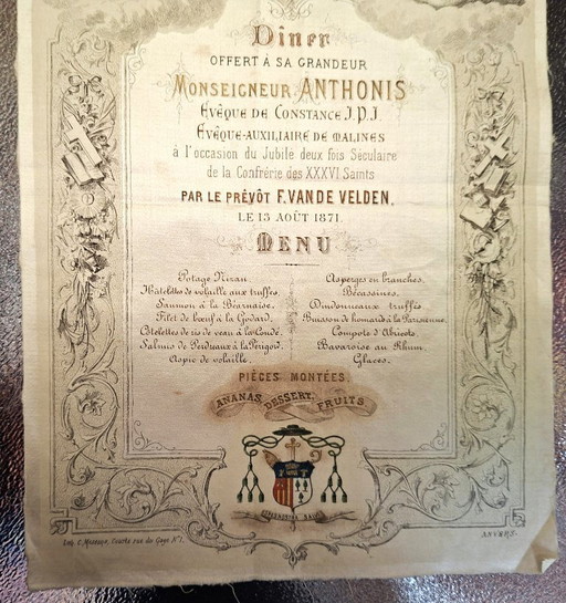 Rare 1871 Silk Menu Antwerp Belgium – Monseigneur Anthonis Jubilee Banquet