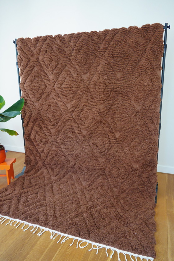 Image 1 of Handwoven Brown Wool Rug With Checkered Pattern - High Pile & 100% Wool From Tunisia