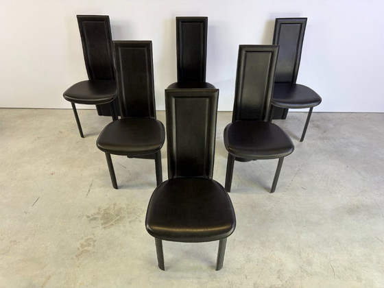 Vintage Zwart Lederen Eetkamerstoelen, Set van 6, Jaren 80 – Leather (photo 2 of 9)