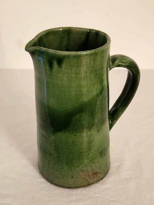 Large vintage green glazed ceramic pitcher