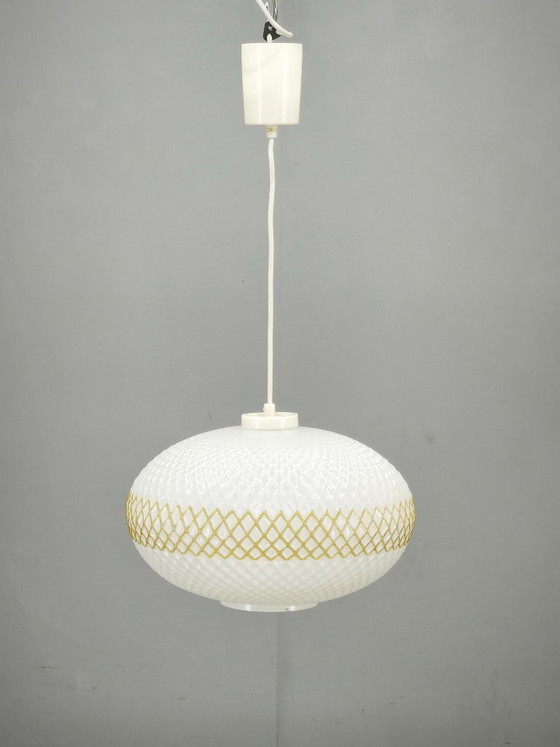 Czechoslovak Opaline Glass and Gold Pendant Light, 1970s – Pendant lamps, Plastic (photo 10 of 10)