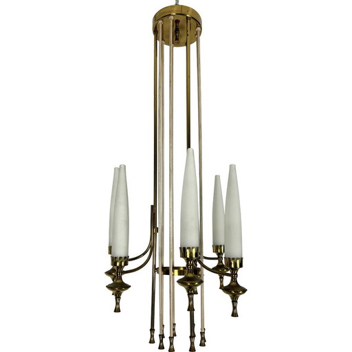 Set van 6 vintage kroonluchters in messing en opaline glas voor Arredoluce Monza, Italië 1950
