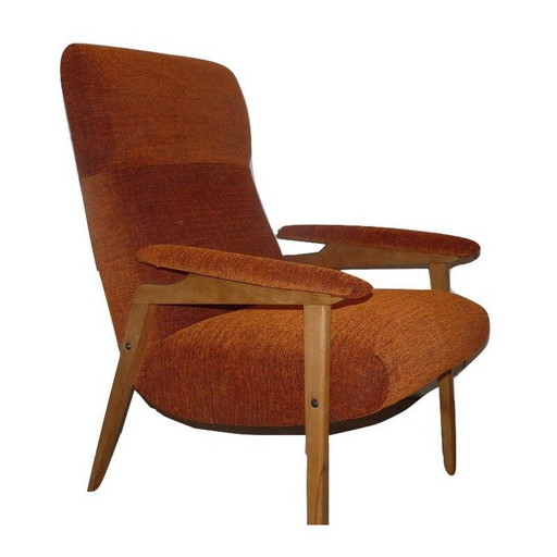 Fauteuil à pieds boussole en hêtre et tissu orange - 1970