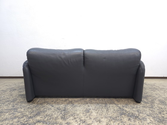 Image 1 of Cassina Maralunga two-seater designer sofa, leather sofa, couch, blue-grey, Magistretti