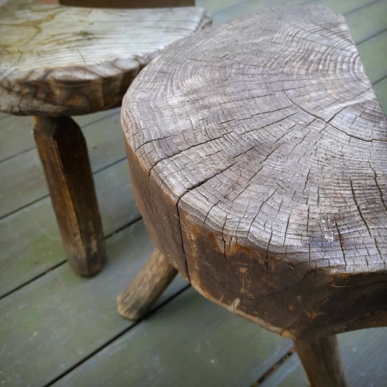 Image 1 of Pair of Brutalist tripod stools in grey pine. France, 50s