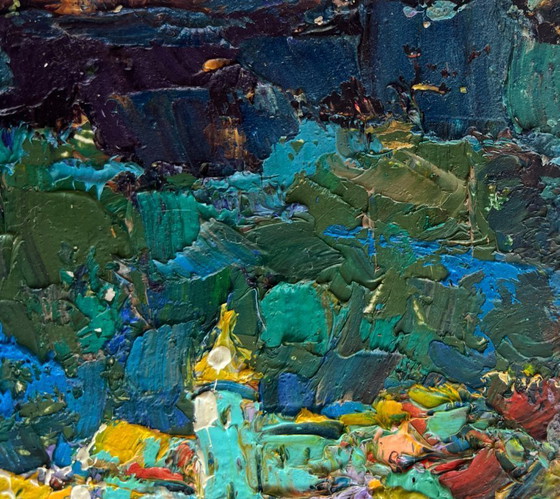 Image 1 of Original Oil Painting Night Village Landscape The moonlit night illuminates