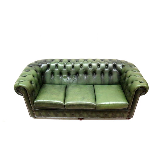 Image 1 of Green Vintage Leather 3-Person Chesterfield Sofa