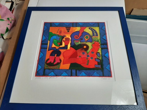 Clemens Briels. Zeefdruk, Titel  is "pantine y alerg perdundo". 