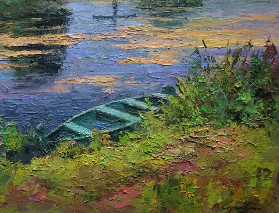 Original Oil Painting Summer Landscape Nature Boat on the Pond – Paintings & Drawings, Canvas (photo 7 of 7)